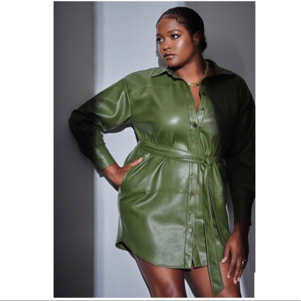 Eloquii green khaki vegan leather shirt dress plus size coat